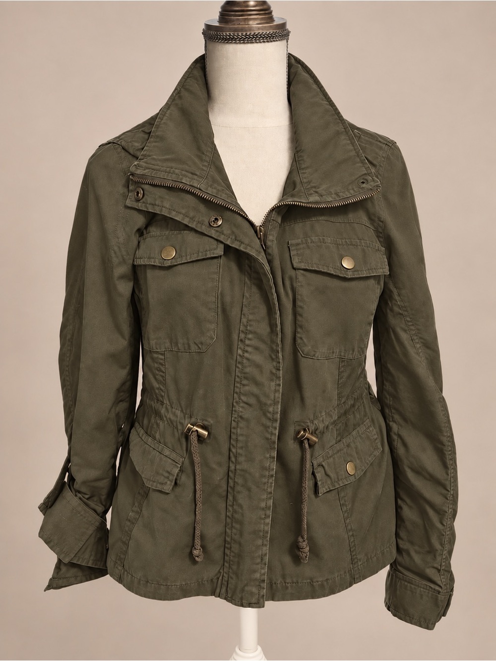American Rag Women’s L Olive Brown Utility Jacket Hidden Hood Mixed Media